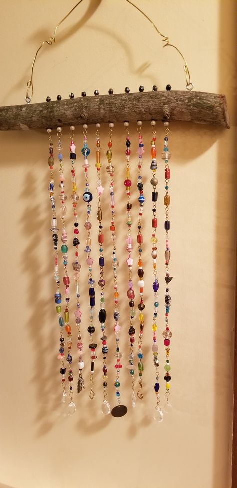 Stick With Beads Hanging, Beaded Chimes, Beaded Suncatcher, Wood Beads, Suncatchers, Tree Branches, Wind Chimes, Crafts For Kids, Craft Projects