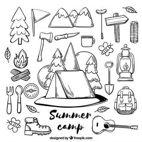 Collection of hand drawn summer camp ele... | Free Vector #Freepik #freevector #background #hand #summer #nature Camping Drawing, Travel Doodles, Arte Doodle, Hand Drawn Vector Illustrations, Pixel Art Design, Doodle Designs, Adventure Quotes, Camping And Hiking, Bullet Journal Inspiration