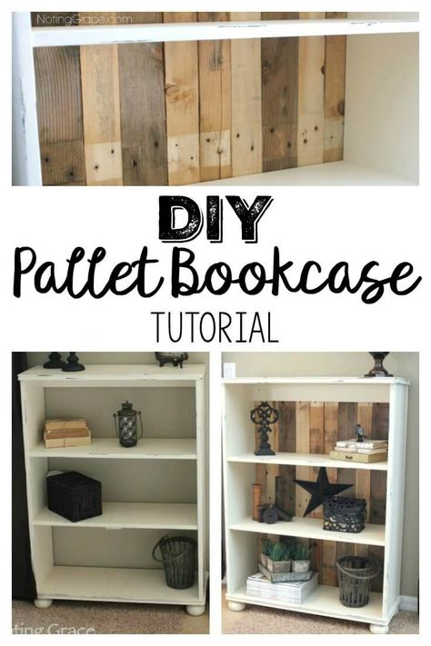 DIY Pallet Bookcase: How to add Pallet wood to a bookcase for a beautiful transformation! Pallet Bookcase, Diy Pallet Decoration, Pallet Decoration Ideas, Pallet Bookshelf, Woodworking Projects Unique, Modern Farmhouse Diy, Decorating 101, Pallet Ideas Easy, Farmhouse Decorating