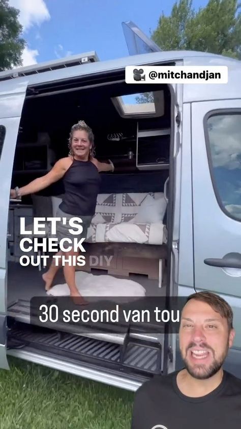 Let’s check out a 30 second Van Tour by Mitch and Jan built on the Mercedes-Benz sprinter 170 inch wheelbase chassis in the non-extended platform with a total length of 23 feet. This van features, passenger swivel chair, cab area, privacy curtain, a futon sofa that slides out into a double bed, very open floor plan across from the sofa. There is a lagoon swivel table, it’s got a center galley kitchen with storage below open roof locker storage up top with privacy shades, a laundry, shoot that g Kitchen With Storage, Laundry Shoot, Swivel Table, Van Tour, Privacy Shades, Privacy Curtains, Galley Kitchen, Benz Sprinter, Futon Sofa