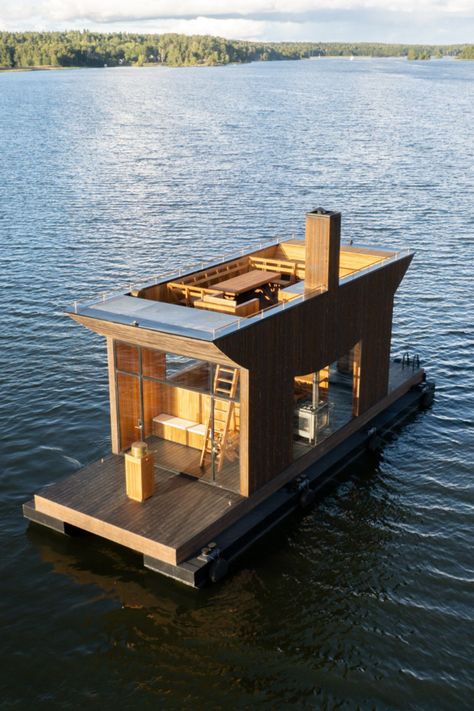 Swedish Architecture, Houseboat Living, Stockholm Archipelago, Sauna Design, Water House, Sauna Room, Timber Structure, Floating House, Houseboat