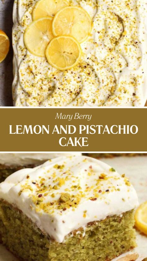 Mary Berry Lemon And Pistachio Cake Lemon Olive Oil Pistachio Cake, Olive Oil Pistachio Cake, Lemon Pistachio Olive Oil Cake, Pistachio Olive Oil Cake, Pistachio Chiffon Cake, Pistachio Oil Recipes, Cherry Pistachio Cake, Pistachio Cream Dessert, Pistachio Cake Filling