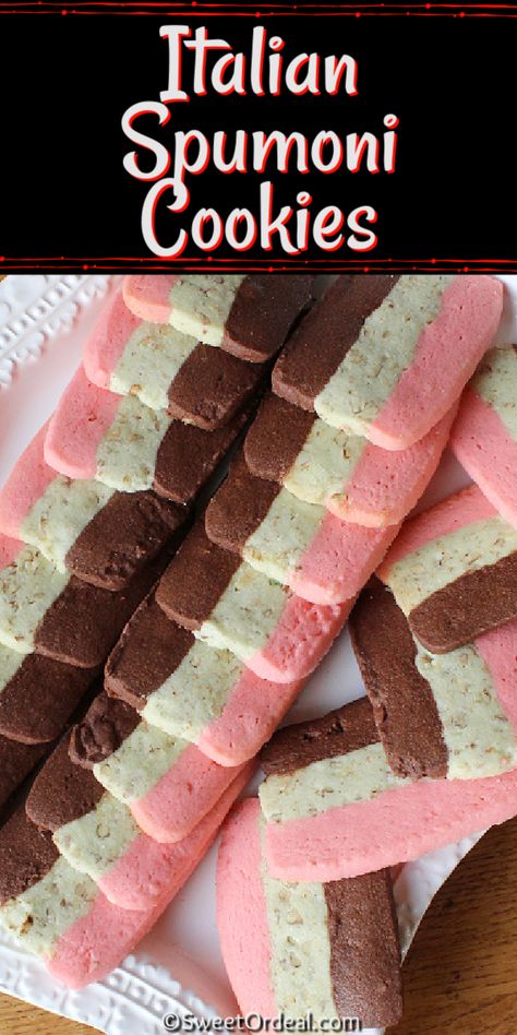 Three flavors in one delicious cookie. This old fashioned recipe was a Christmas treat every year, although I love them year round. The center is green and flavored with your favorite nut, like pistachio or pecan. The red layer has rum extract, and the chocolate layer speaks for itself. Not only festive and pretty, every bite of Italian Spumoni Cookies melts in your mouth. Spumoni Cookies, Crumble Copycat, Pecan Biscotti Recipe, Flavored Sugar Cookies, Xmas Snacks, Cookies 2023, Christmas Cookie Recipes Holiday, Old Fashioned Recipe, Italian Cookie