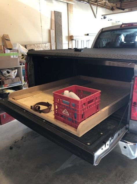 Click this image to show the full-size version. Diy Truck Bed Slide, Truck Bed Slide, Diy Truck Bedding, Ute Canopy, Truck Organization, Bed Slide, Wood Tool Box, Truck Bed Storage, Custom Truck Beds