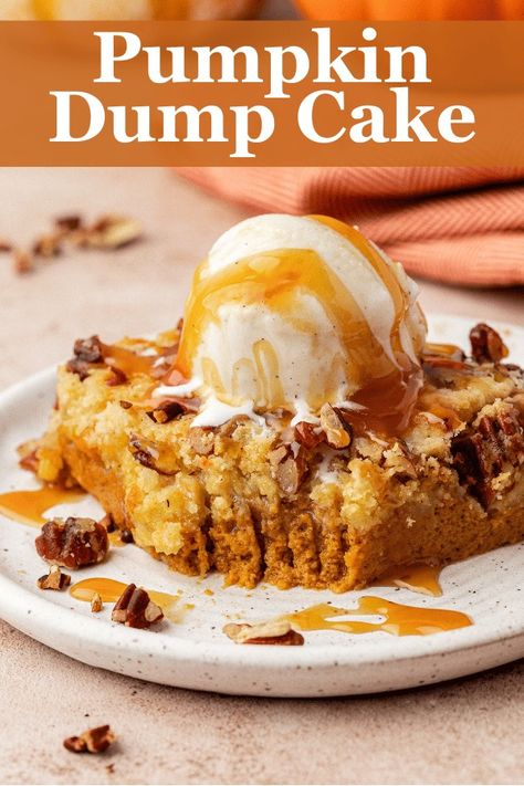 This 8 ingredient pumpkin dump cake has 718,000 views and counting, which is no surprise since it’s equally easy and delicious. Just mix, dump and bake - in under 1 hour you’ll have a family favorite pumpkin dessert that will have guests begging for more! Dump Cake Crockpot, Dump Cake Easy, Pumpkin Cake Mix, Delicious Thanksgiving Desserts, Pumpkin Dump Cake Recipe, Pumpkin Cobbler, Pumpkin Dump, Dump And Bake, Popular Desserts Recipes