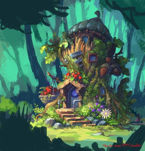 Elf House Concept Art, Acorn House Illustration, Fairy Tree House Illustration, Mushroom House Concept Art, Magic House Illustration, Fairy House Concept Art, Magic House Art, Witch House Illustration, Tree House Concept Art