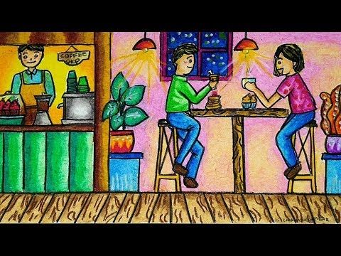 Cara Menggambar Dan Mewarnai Tema Suasana Cafe Dengan Gradasi Warna Crayon Oil Pastel Yang Bagu Art Drawings For Kids Small Canvas Art Scenery Drawing For Kids