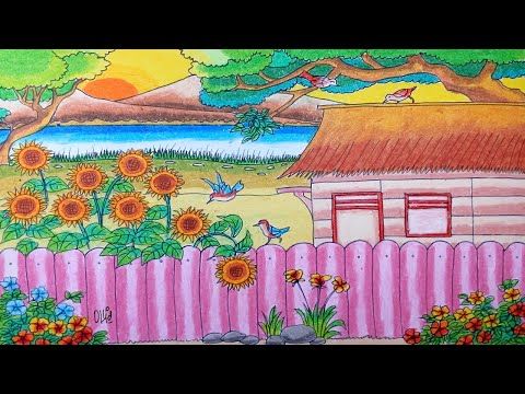 Cara Menggambar Bunga Matahari Dan Pemandangan Dengan Crayon Oil Pastel Menggambar Bunga Menggambar Bunga Matahari Cara Menggambar