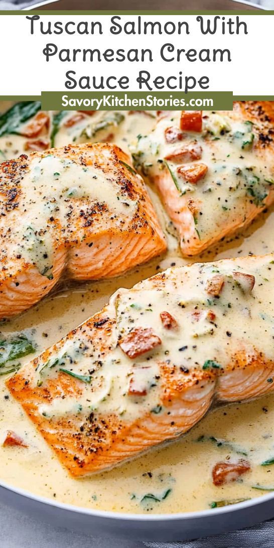 salmon with parmesan cream sauce in a white bowl on top of a table