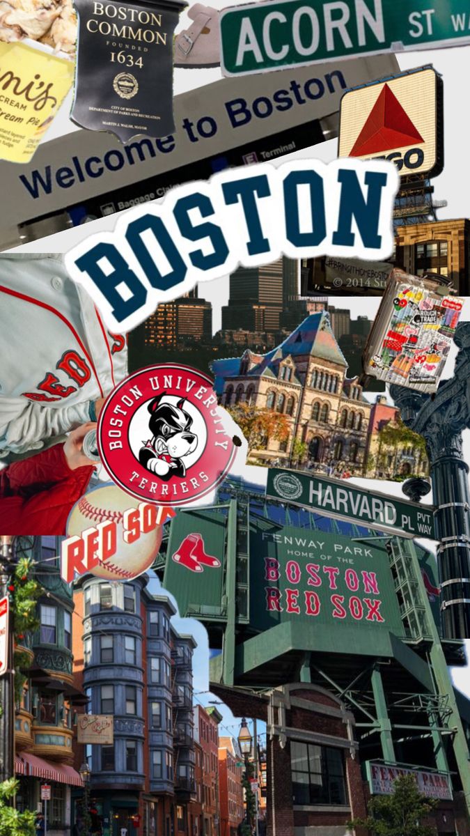 the collage shows many different street signs in boston, including red sox and acorn