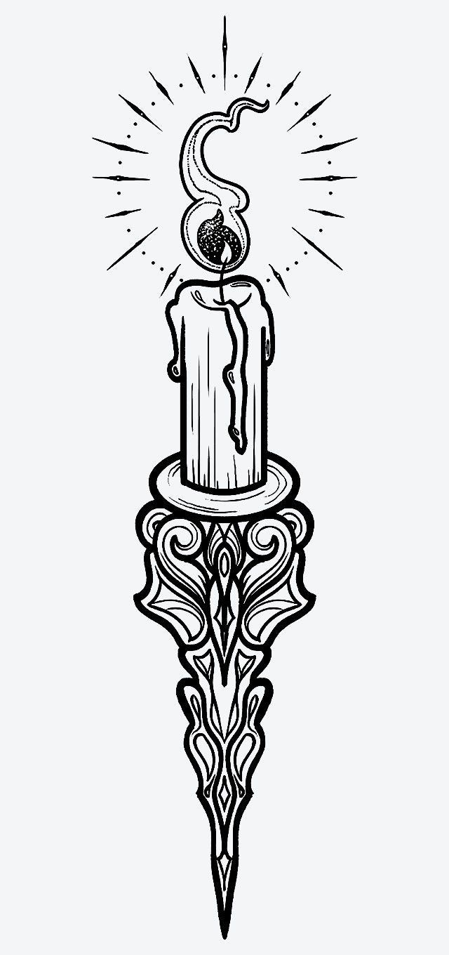 a black and white drawing of a candle with the letter s on it's side