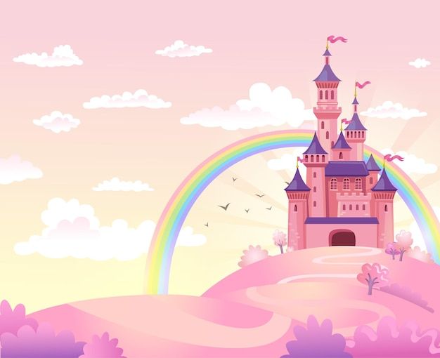 a pink castle with a rainbow in the background