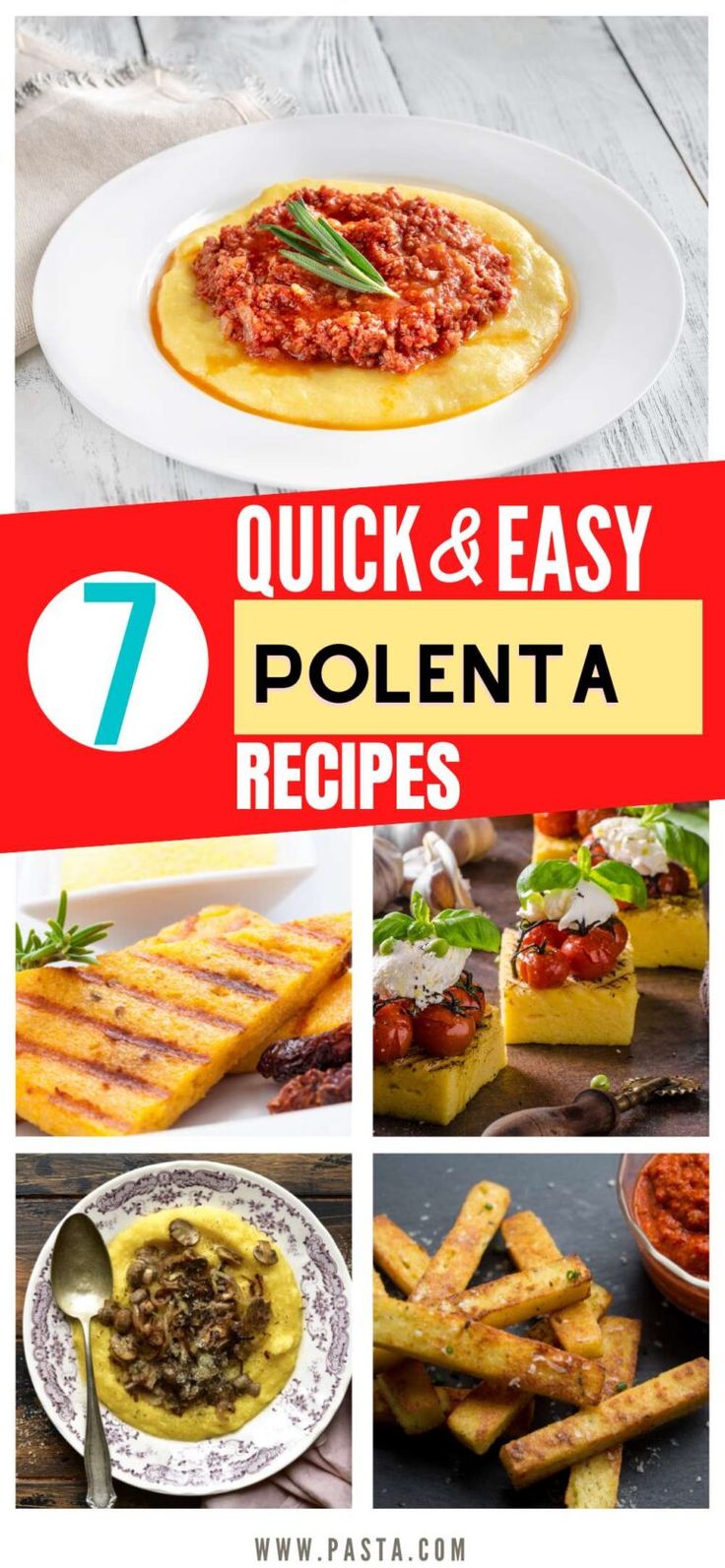 the 7 quick and easy polenta recipes are featured in this postcard with text overlay