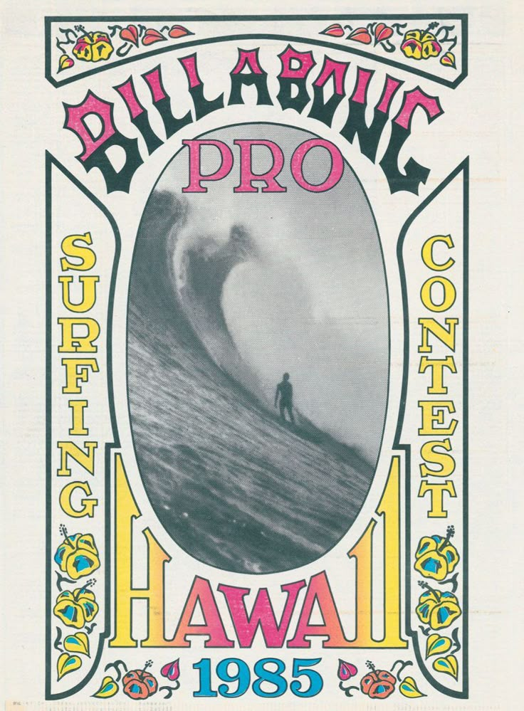 an old concert poster for billabong's pro surfing contest