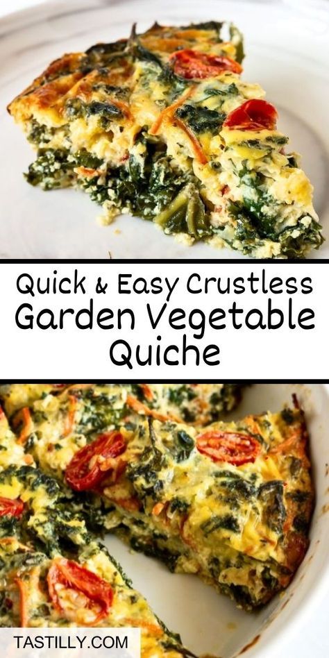 an easy quiche with spinach and cheese is shown in two different pictures, one has