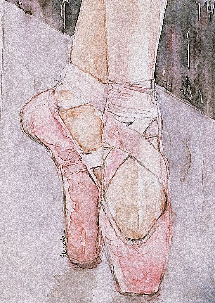 a watercolor painting of a woman's legs in ballet shoes