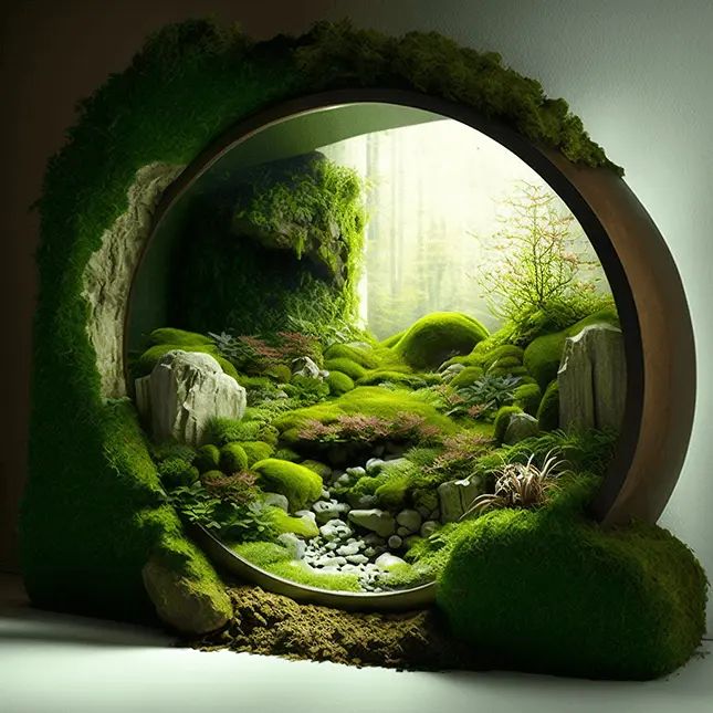 an artistic scene with moss growing in the shape of a portal to see what's inside