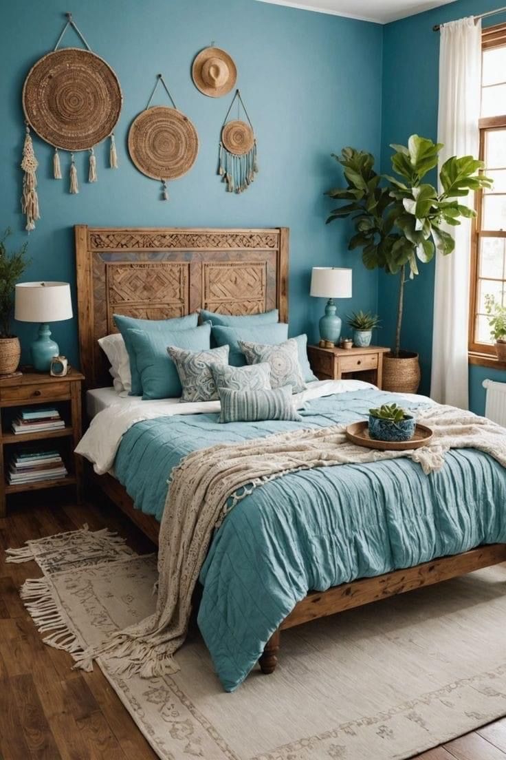 a bedroom with blue walls and wooden furniture