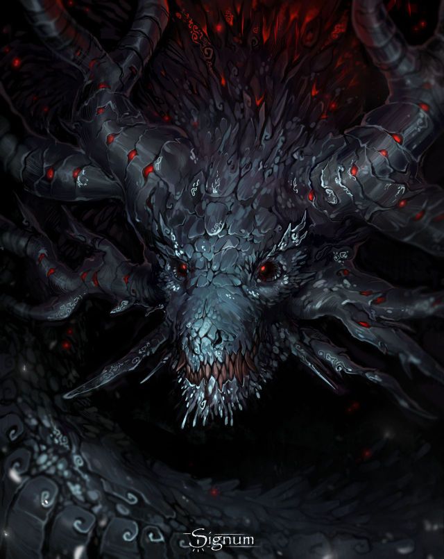 a demonic looking creature with red eyes and horns