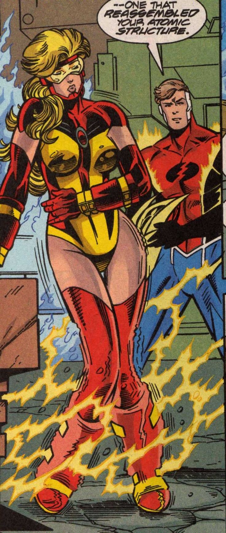 a comic book page with a woman in red and yellow outfit standing next to a man