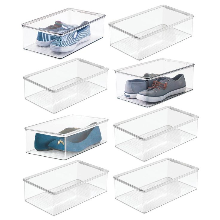 six clear storage bins with shoes and sneakers in them, all stacked on top of each other