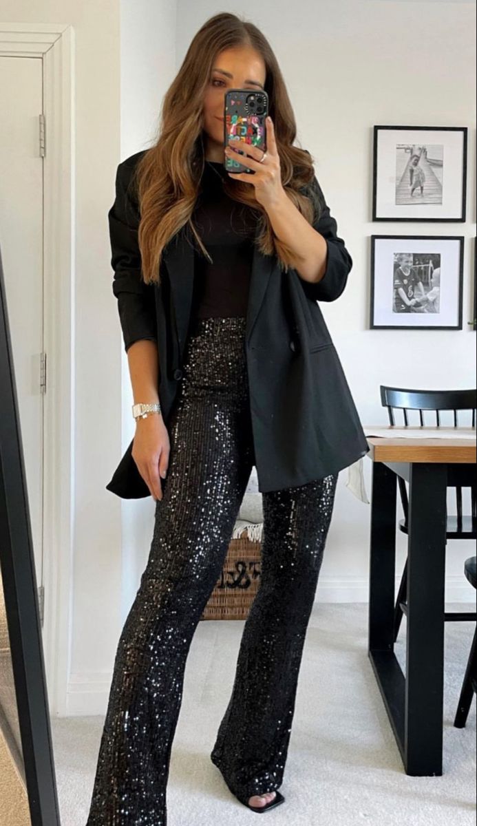 Festive Night Out Outfit, Sequin Pants Women, Sequin Flares Outfit, Black Shimmer Pants Outfit, 40th Birthday Party Dress For Women, Sequence Pants Outfit Holiday Parties, Black Sparkly Trousers Outfit, Black Pants Outfit Party Night Out, Sparkle Trousers Outfit