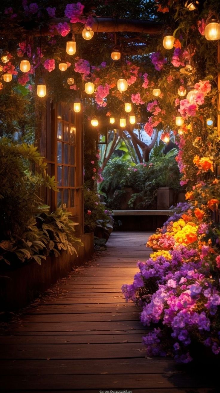 an outdoor walkway with flowers and lanterns hanging from the ceiling