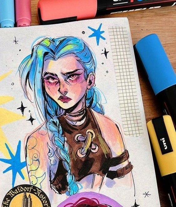 a drawing of a girl with blue hair and braids on her face next to markers