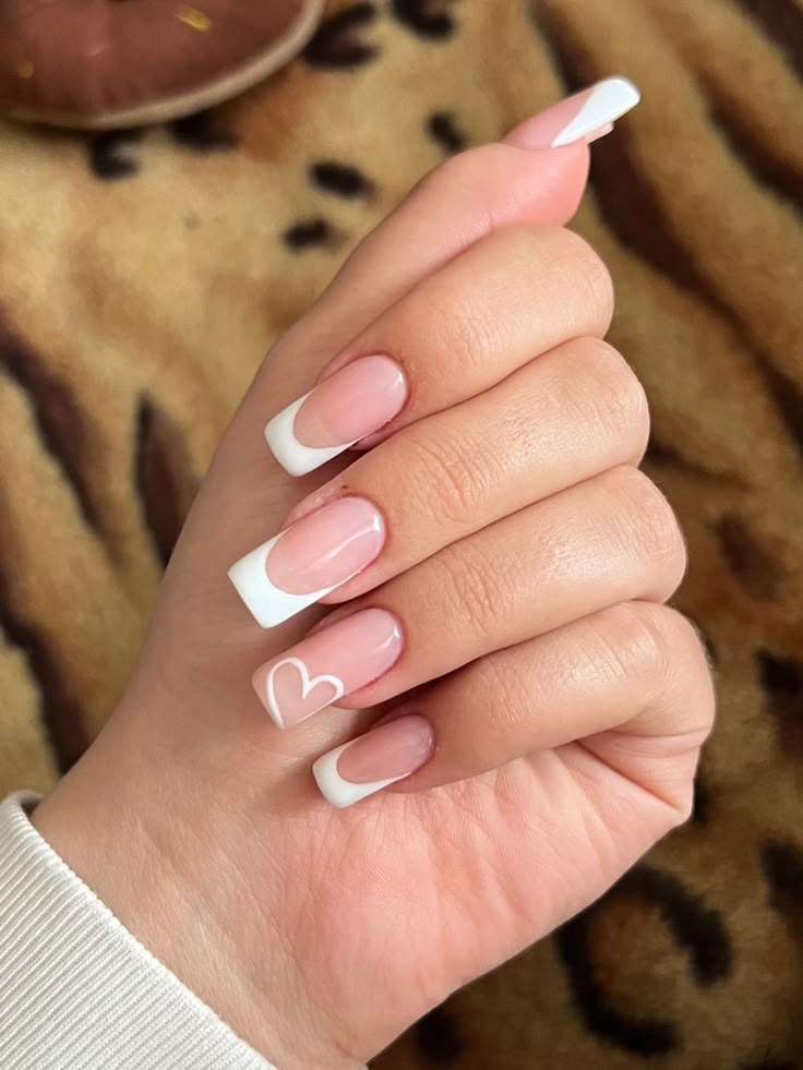 White french heart nude long square natural nails Heart In Corner Of Nail, White French Heart Nails, French Tip Love Heart Nails, White French Tip Nails With Heart On Ring Finger, White French With Hearts Nails, White French Tip On Natural Nails, White French Tip With Heart Design, White Tip Valentine Nails, Nail Inspo For Square Nails