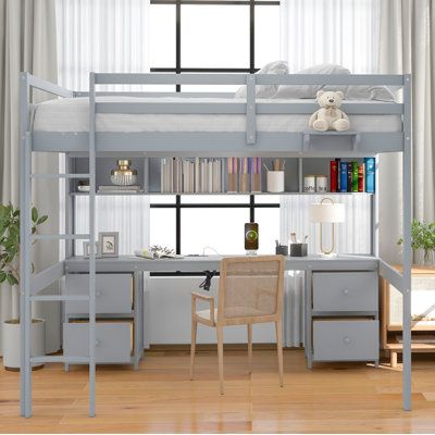 The Full Size Loft Bed is the ideal solution for teenagers living in dorm rooms or apartments. It is a versatile and practical kids' bed, designed to provide ample space for sleep and work without taking up too much floor space. The bed features a built-in long desk that offers an additional work surface for studying or working from home. It also includes a bookcase for easy access to your favorite books and four drawers for storing clothing or accessories. Made from solid pine wood and manufact Loft Bed Boys, Vanity Desks, Built In Desk And Shelves, Full Loft Bed, Loft Bunk, Loft Bed Plans, Bunk Bed With Desk, Loft Bunk Beds, Long Desk