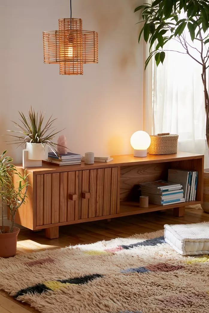 a living room with a rug, potted plants and a wooden cabinet