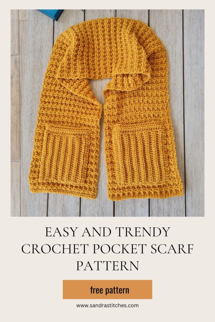 the easy and trendy crochet pocket scarf pattern with text overlay that says,