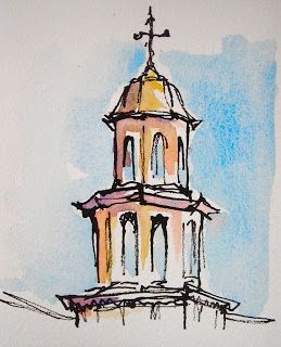 a drawing of a church steeple with a cross on top