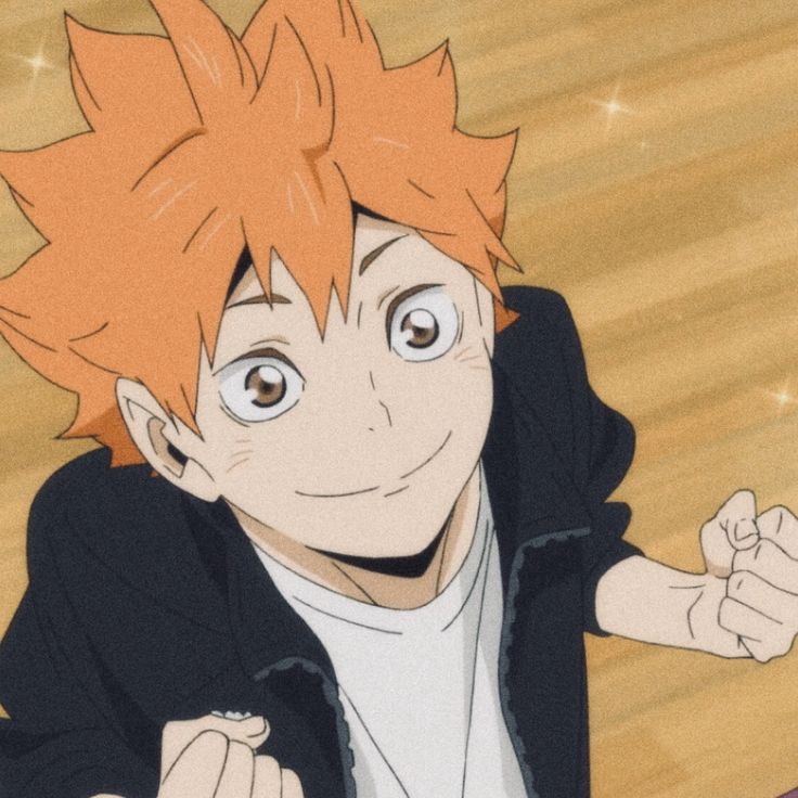 an anime character with orange hair sitting on a basketball court and pointing at the camera