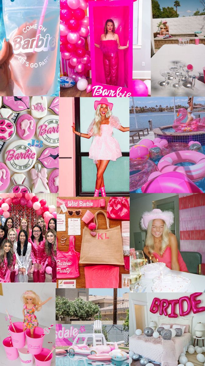 the collage has pink and white decorations on it, including balloons, hats, and other items