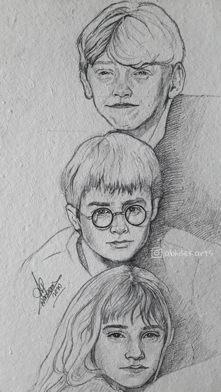 three people with glasses are shown in this penciled drawing, one is looking at the camera