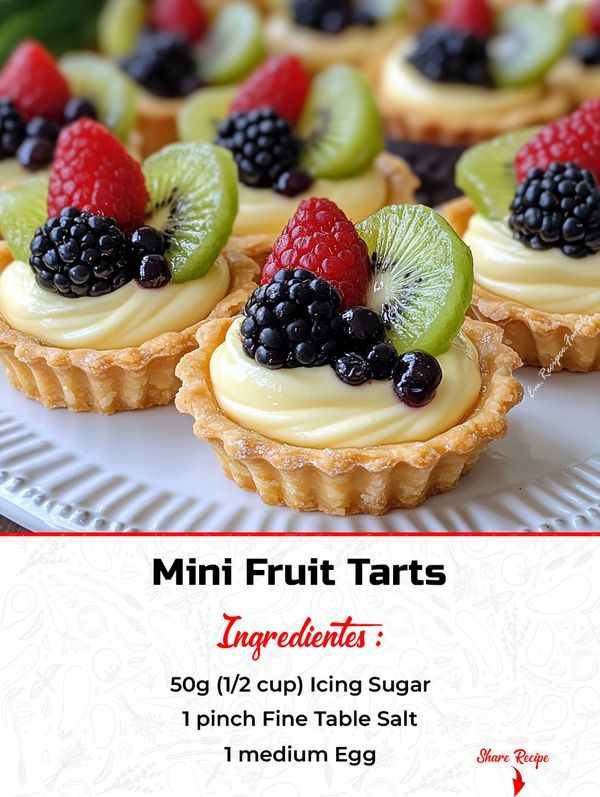 mini fruit tarts with limes, raspberries and kiwi on top