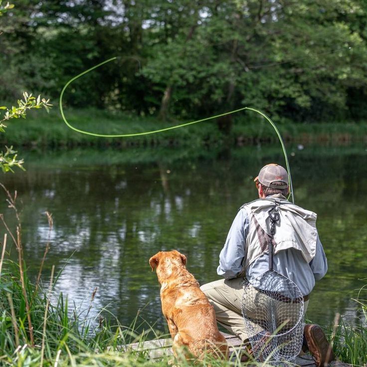 a man and his dog are fishing on the river