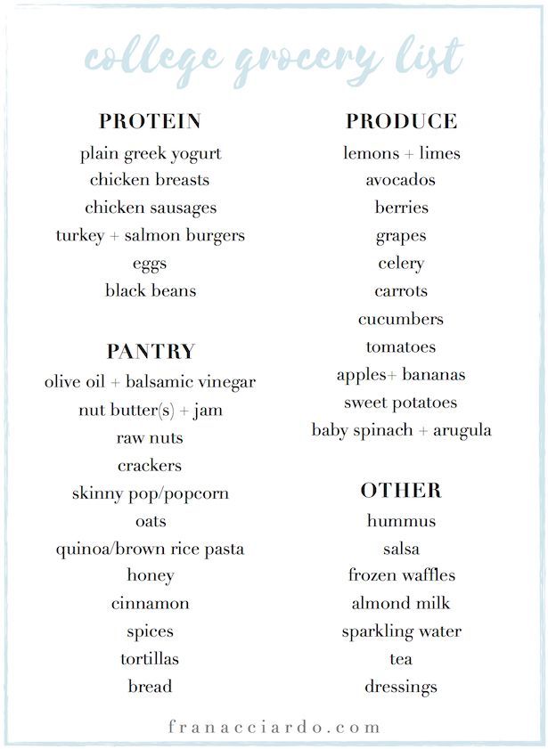 the college grocery list is shown in blue and white