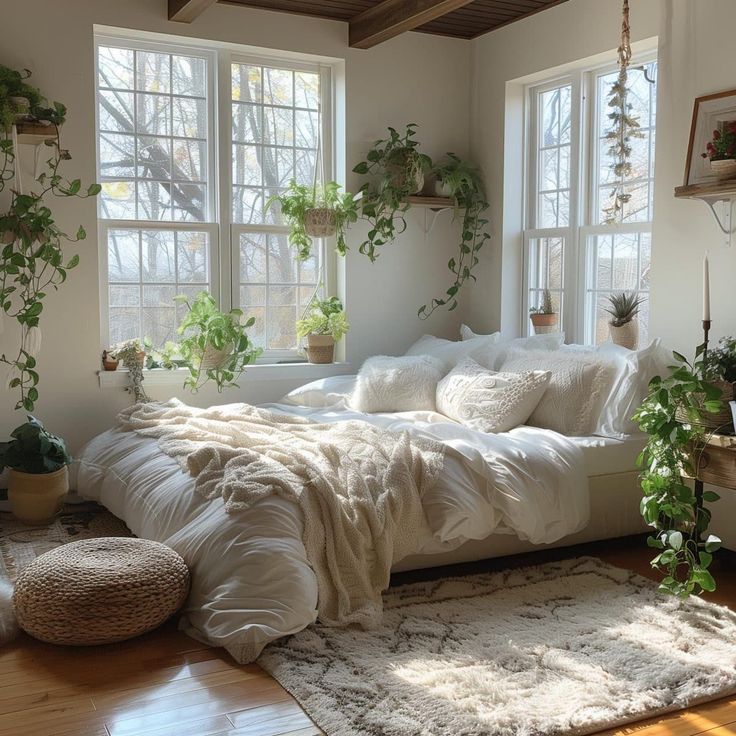 a bedroom with lots of plants in the window sill and on the bed is a white comforter