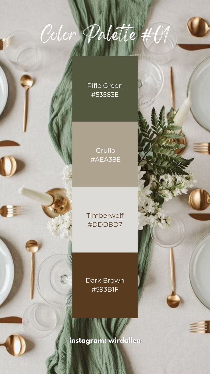 the table is set with gold, white and green place settings