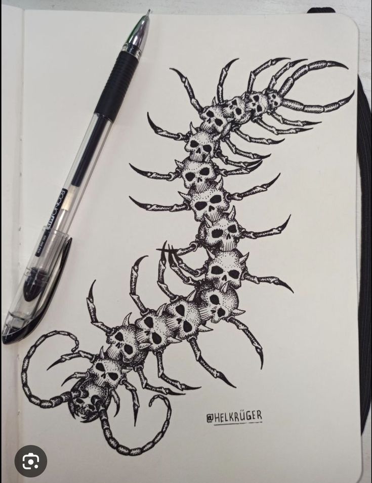 a drawing of a scorpion with skulls on it