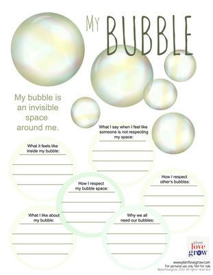 bubble party game for kids with bubbles on the side and words that read, my bubble is an invisible space around me