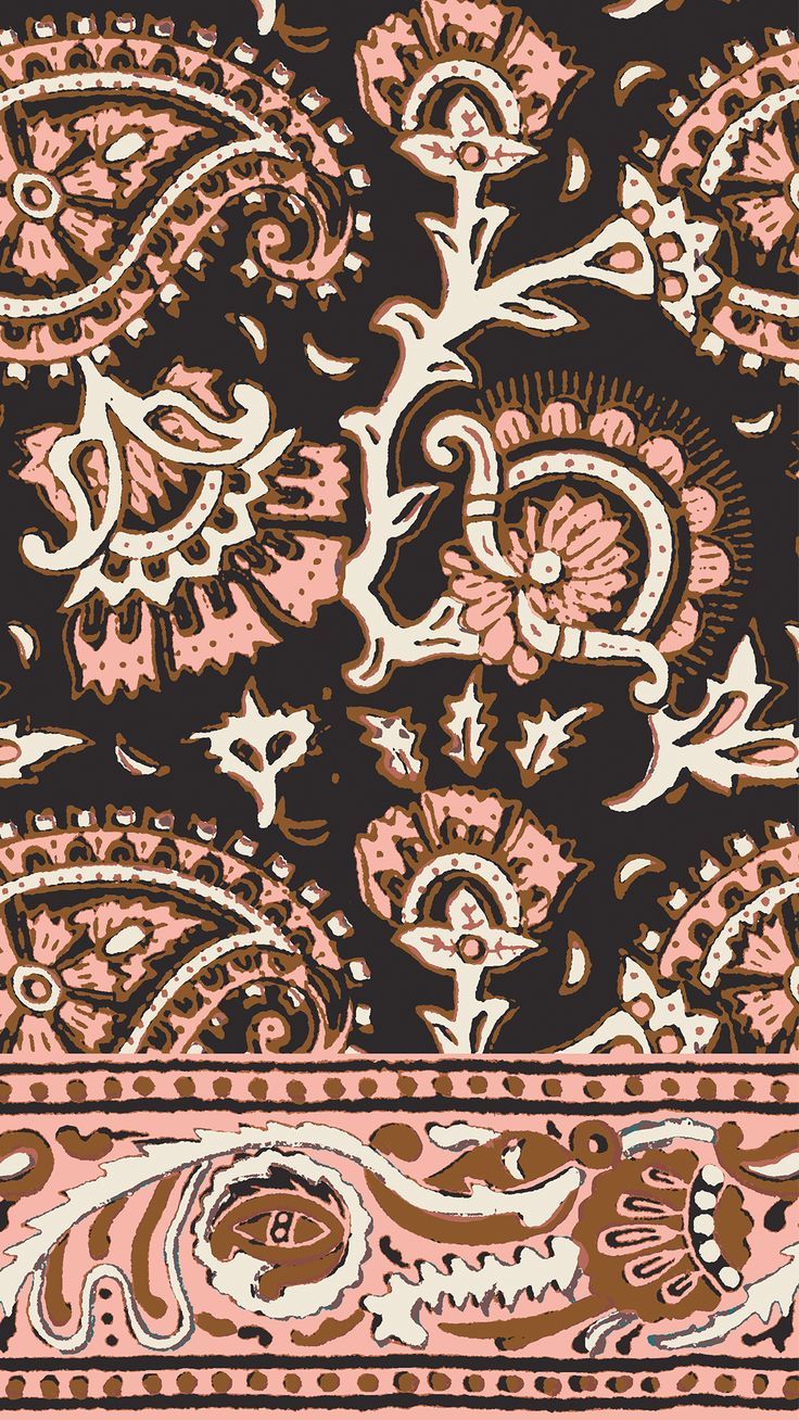 an image of a brown and pink paisley print on a black background or wallpaper