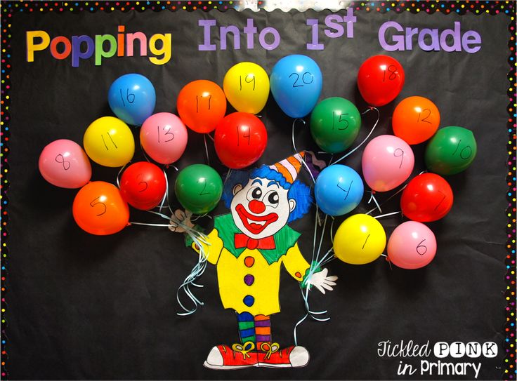 a bulletin board with balloons in the shape of a clown on it and writing popping into 1st grade