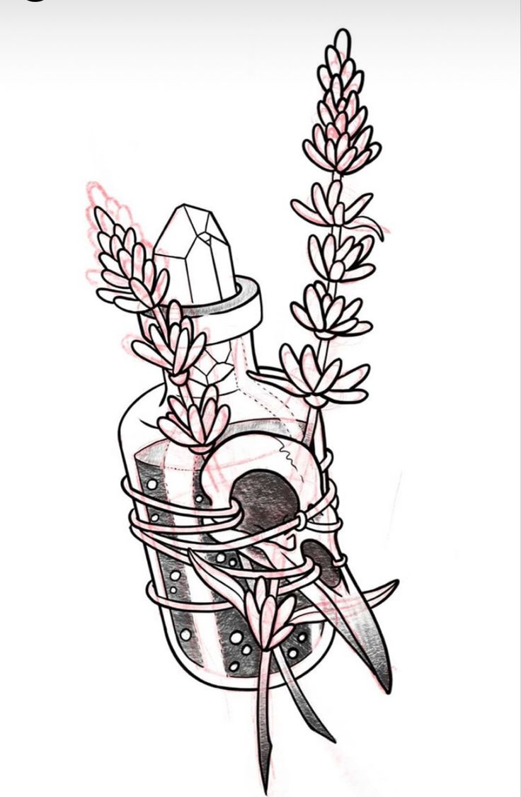 a drawing of a jar with some flowers in it and a knife sticking out of it