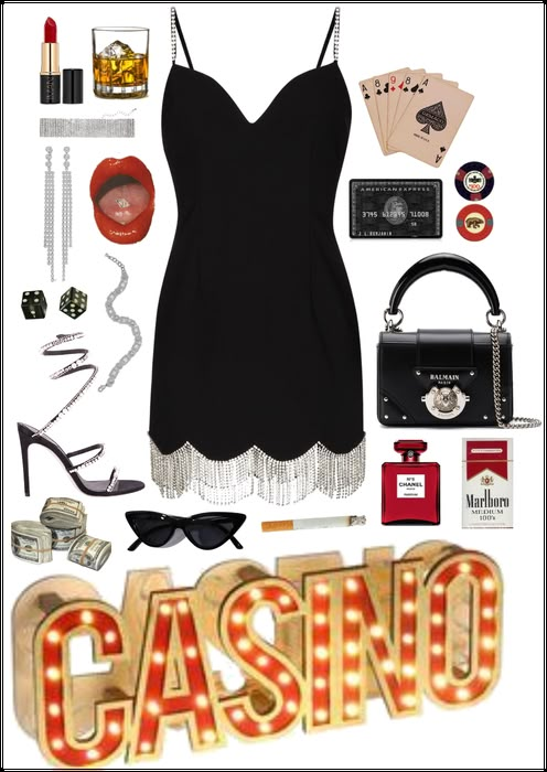 a woman's outfit and accessories are arranged in the shape of a casino sign