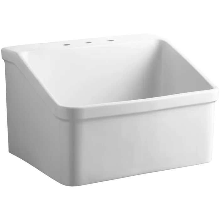 a white square sink with no faucet on the front and side drain in the middle