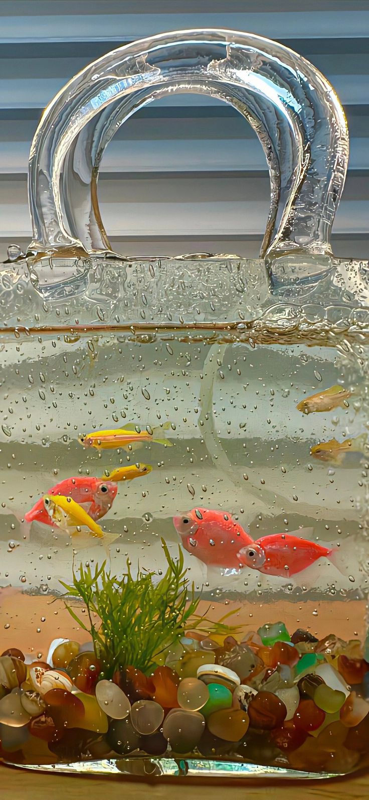 an aquarium filled with small fish and plants on top of a wooden table next to a window