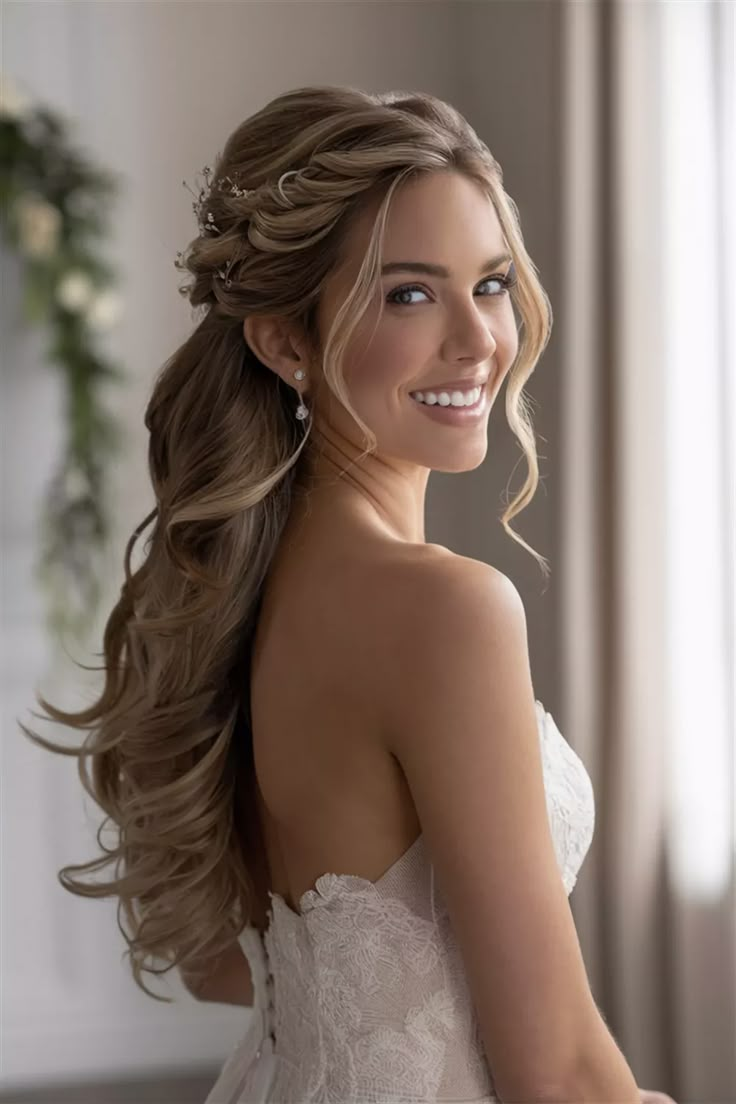 Capture the essence of romance with this beautiful half up half down hair hairstyle, perfect for any wedding. The blend of cascading curls with a delicate twisted crown creates an enchanting look that enhances your bridal beauty. Whether adorned with flowers or kept simple, this style adds elegance and charm. Embrace this dreamy hairstyle for your special day and make unforgettable memories. Half Updo With Hair Piece, Wedding Hair With Floral Headband, Half Up With Hair Piece, Bride Hair Flowers Half Up, Bridal Hairstyle Half Up, Curled Wedding Hair With Veil, Half Up Wedding Hair Flowers, Beach Waves Hair Bride, Big Curls Half Up Half Down